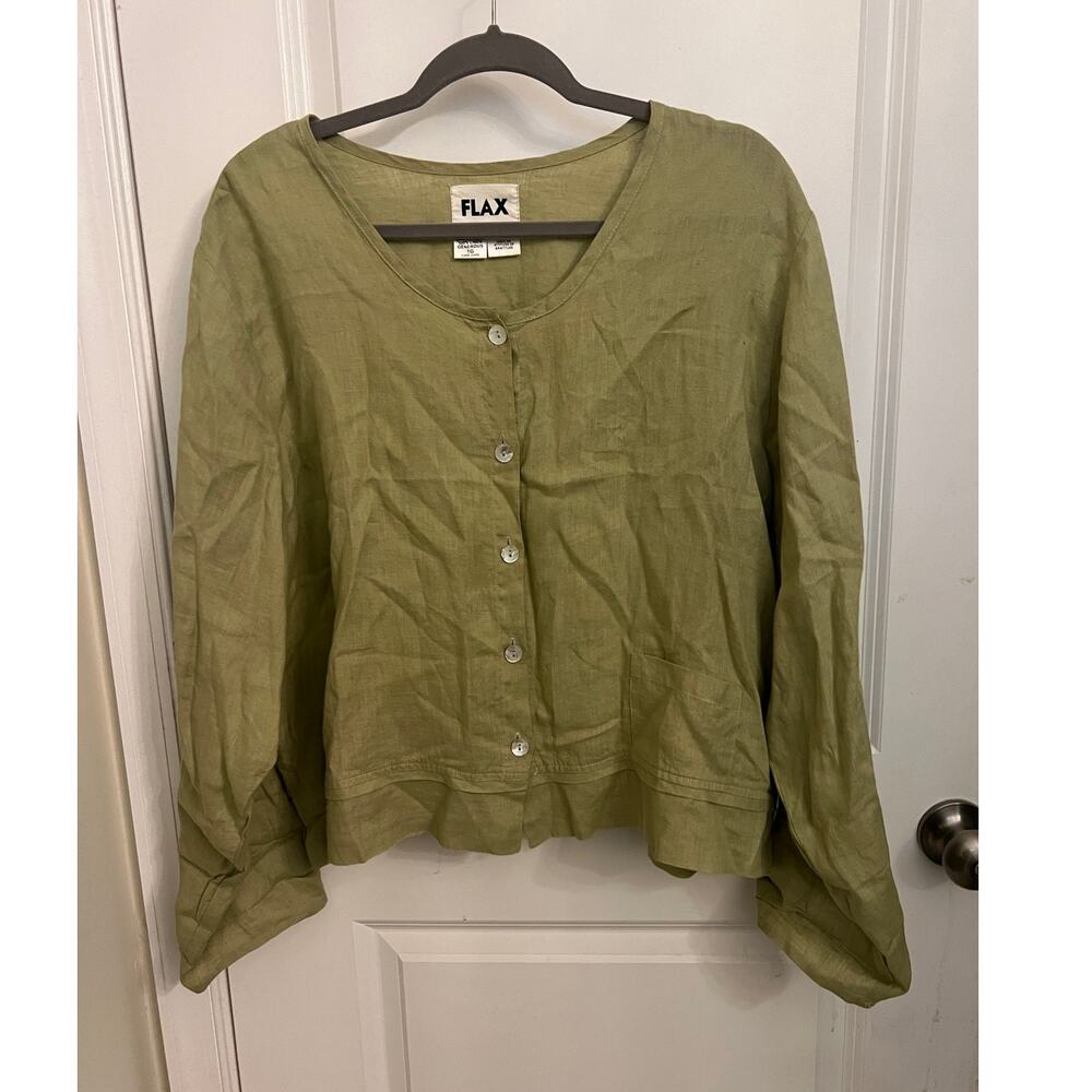 FLAX 100% Linen Button Up Blouse Plus Size 1G Green Lagenlook Coastal Boho chic